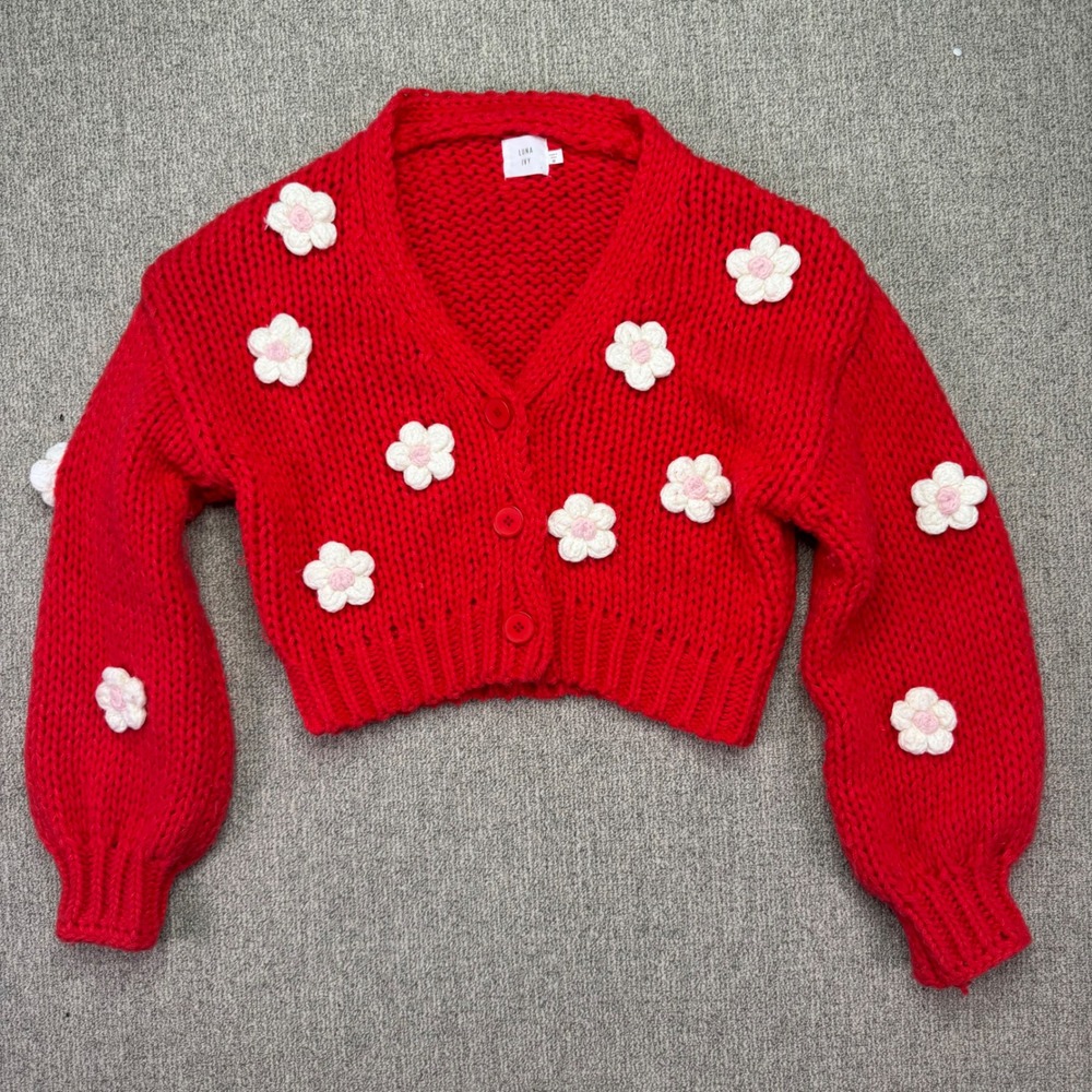 Luna Ivy Red Chunky Knit Floral Daisy Applique Button Up Cardigan Sweater M